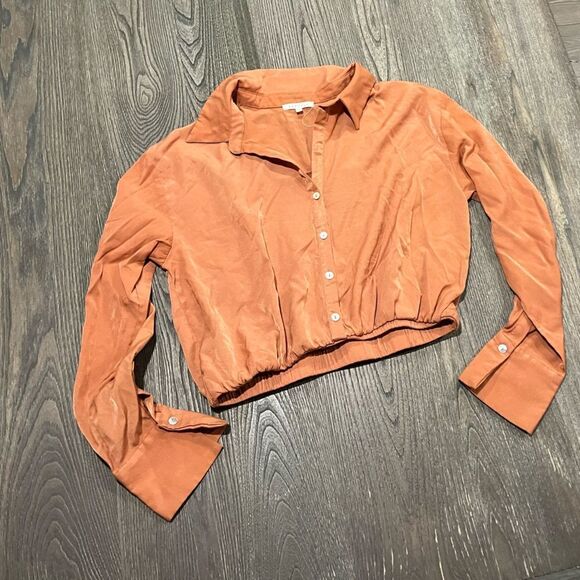 BaeVely Blouse Cropped Blouse Button-Up Long Sleeve Collared Copper Medium - Picture 1 of 4
